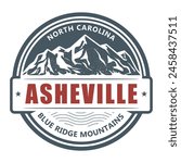 Asheville, North Carolina - mountain resort stamp, emblem with snow covered mountains, vector