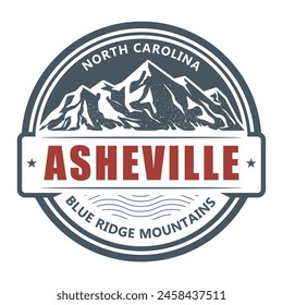 Asheville, North Carolina - mountain resort stamp, emblem with snow covered mountains, vector