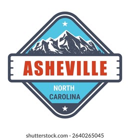 Asheville, North Carolina ski resort stamp, emblem with snow covered mountains in Asheville, vector