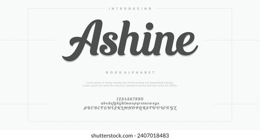 Ashine abstraktes Fashion-Schriftalphabet. Minimal moderne urbane Schriften für Logo, Marke etc. Typografie Schrift Groß- und Kleinschreibung und Zahl. Vektorgrafik