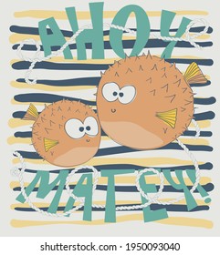 ashion kids print with under the sea animal and slogan. Vector hand draw illustration