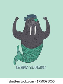 ashion kids print with under the sea animal and slogan. Vector hand draw illustration