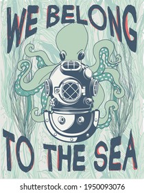 ashion kids print with under the sea animal and slogan. Vector hand draw illustration