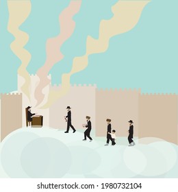 Ashkenazi Jews, Haredi followers of Torah, come to the rabbi. Bring him food, wine, the boy and a lamb.
Against the background of the walls of Jerusalem. Marching on clouds.
Surrealist vector drawing.