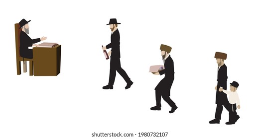 Ashkenazi Jews, ultra-Orthodox Torah observant Hasidim, bring a basket, wine, the child and a lamb on the way to the rabbi. Who sits and studies Gemara. Vector drawing on a white background.