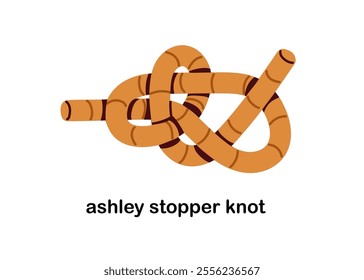 Ashley stopper knot, rope tying, binding. Durable reliable strong connection with loops. Fastening fixed cord for safety, security. Flat graphic vector illustration isolated on white background