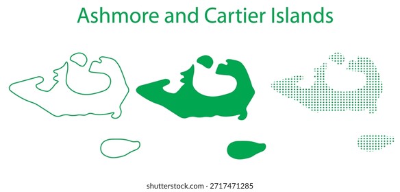 Conjunto de Vectores de mapas de las islas Ashmore y Cartier, Territorio australiano Silueta de contorno Formas verdes punteadas, Plantilla de infografía Country de las islas Ashmore y Cartier, EPS editable Geografía de las islas Ashmore y Cartier