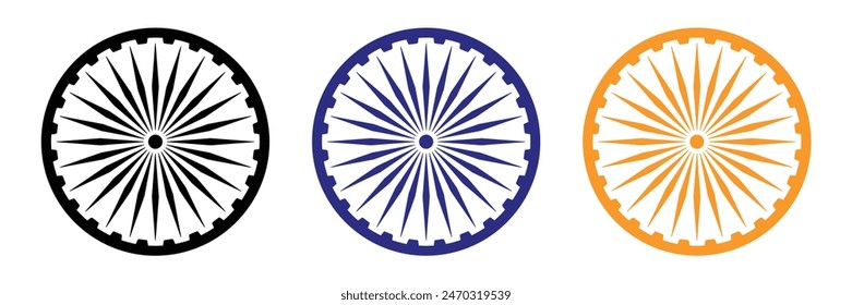 Ashok chakra in black, blue and orange color with accurate lines. Indian flag Ashoka chakra wheel in flat style. Vector illustration