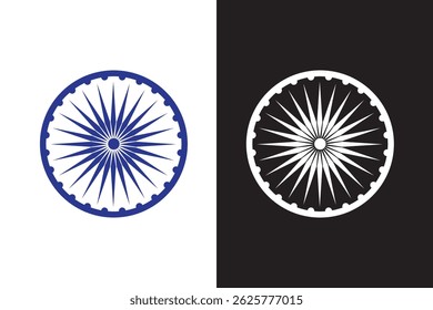 Ashok chakra in black, blue and orange color with accurate lines. Indian flag Ashoka chakra wheel in flat style. Vector illustration