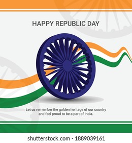 Ashok Chakra and Waving Indian National Tricolor Flag Tiranga with Best Wishes, Happy Republic Day of India, Suitable for 15 August Independence Day aka Swatantrya Din and Indian National Festivals.