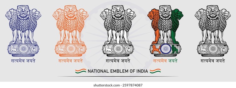 Ashok pillar vector sign symbol set in different style. Satyamev jayate, Ashok stambh symbol. National emblem of india, Government of India. Isolated vector illustration. Flat design.