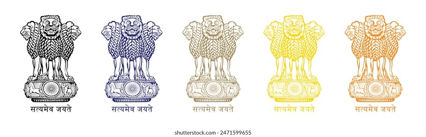 Ashok Piller Satyameva Jayate (truth alone triumphs) symbol icon set. Emblem of India. Ashok Stambh symbol in black, blue, brown, golden and orange color isolated on white background.