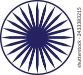 The Ashoka Chakra (Ashok Wheel) vector icon in a navy blue color on a white background. Indian national flag design element. Buddhist symbol of the Dharma Chakra; a wheel represented with 24 spokes.
