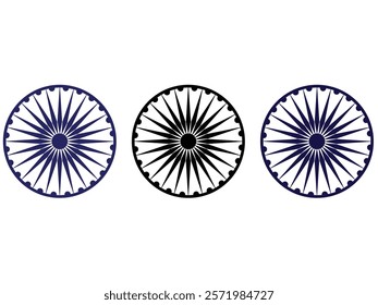 Ashoka chakra icons in blue and black colour with shadows and accurate lines. Indian flag Ashoka chakra wheel in flat style. Vector illustration 