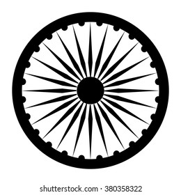 Ashoka Chakra symbol, wheel of dharma, isolated black and white vector illustration.