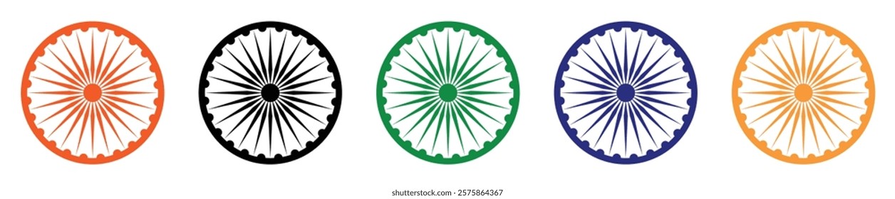 Ashoka chakra vector icon set isolated on a white background. Ashoka Chakra-symbol from the flag of India. Ashoka Wheel for Indian Independence Day and republic day. Vector illustration.