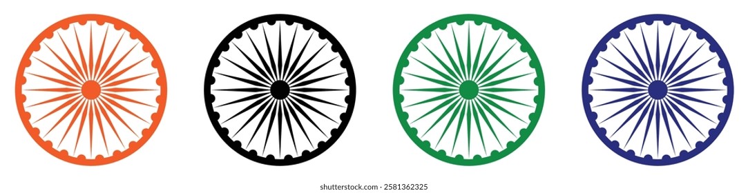 Ashoka chakra vector icon set different color. Ashoka Chakra-symbol from the flag of India. Ashoka Wheel for Indian Independence Day and republic day. Vector illustration.