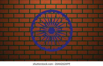 Ashoka Chakra Wheel Emblem on Brick Wall, Celebrando o Orgulho Indiano.