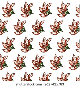 Ashoka Tree Flower or Saraca indica Seamless Pattern Hand drawn vector line art, Black and red green Flower isolated in white.  Beautiful design for textile, wallpaper, wrapping paper and backgrounds