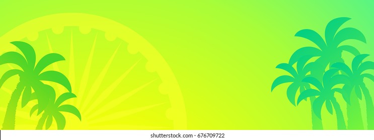 Ashoka wheel and palm trees vector design element, extra wide green background. Dawn in India, the wheel symbolizes the Sun