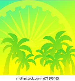 Ashoka wheel and palm trees vector design element, square green background. Dawn in India, the wheel symbolizes the Sun