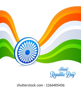 Ashoka wheel with wavy Indian flag pattern on white background for Happy Republic Day celebration poster design.