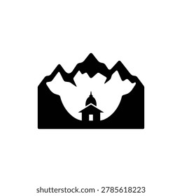 Ashram Hut in Mountain Valley Icon. Simple black filled flat icon of a traditional ashram mud hut nestled inside a mountain valley