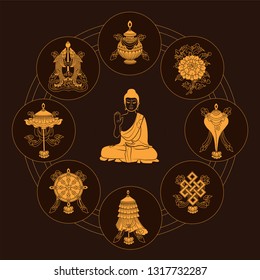 Ashtamangala. Eight auspicious symbols of Buddhism, golden on brown