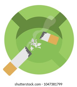 
An ashtray with burning and broken cigarettes 
