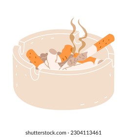 Una cerámica cenicera o un vaso lleno de colillas de cigarrillo. Ilustraciones sobre el tema del tabaquismo. Malos hábitos, estilos de vida poco saludables. Objeto vectorial aislado en fondo blanco.