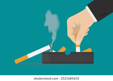 Cenicero con colillas de cigarrillo. Colillas de cigarrillo quemadas. Deja de fumar. Cigarrillo en llamas en el cenicero. La mano del fumador apagando el cigarrillo en el cenicero. Adicción al tabaco. Ilustración vectorial plana