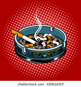 Ashtray with cigarette butts pop art style vector illustration. Comic book style imitation.