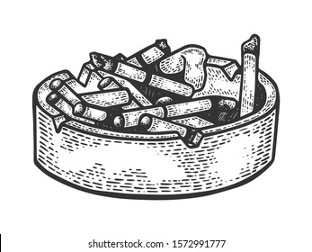 Ashtray with cigarette butts sketch engraving vector illustration. T-shirt apparel print design. Scratch board imitation. Black and white hand drawn image.