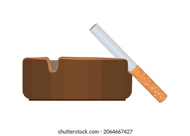 Ashtray with cigarette isolated on white background. Cigarette in brown ceramic ashtray. Crockery for smoking. Side view.Bad habit. Stop smoking and healthy lifestyle concept.Stock vector illustration
