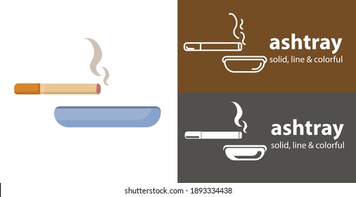 ashtray with cigarette isolated vector flat icon with smoking solid, line icons