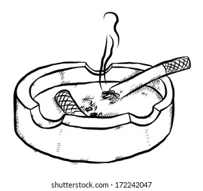 ashtray and cigarette with smoke / cartoon vector and illustration, black and white, hand drawn, sketch style, isolated on white background.