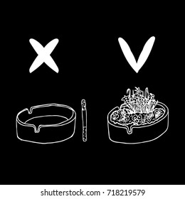 Ashtray and cigarette vector illustration. Doodle style. Design icon, print, logo, poster, symbol, decor, textile, paper