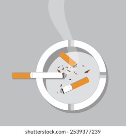 Ashtray with cigarettes and butts. Burnt cigarette butts. Smoking concept. Above view. Smoldering cigarette with smoke. Vector illustration flat design