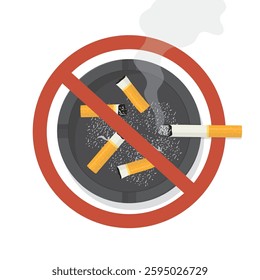 Ashtray with cigarettes and butts in red prohibition circle. Quit smoking. Healthcare, healthy lifestyle. Stop smoking and bad habit concept. Social issues. flat style vector illustration