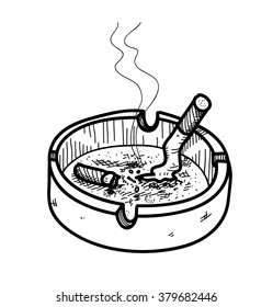 Ashtray Doodle, a hand drawn vector doodle illustration of an ashtray with cigarettes inside, the smoke from the cigar are editable/removable.