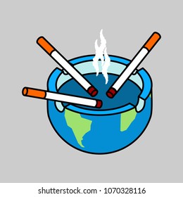 Ashtray earth planet with cigarettes isolated. Smoking illustration  
