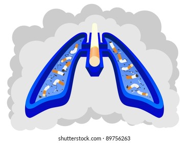 Ashtray in the form of the human lung, cigarette butts and cigarette filter against tobacco smoke