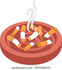 ashtray full of cigarettes isometric Concept, Smoke and Ashes Vector color icon Design, No Tobacco day Symbol, Quit smoking Sign, Cigarette or Smoker Stock Illustration