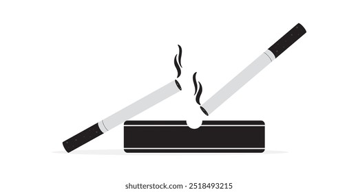 Ashtray icon, Cigarettes and ashtray, monochrome design isolated on white background. flat vector Illustration