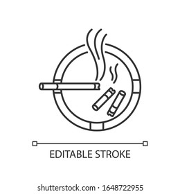 Ashtray pixel perfect linear icon. Thin line customizable illustration. Smoking addiction, dangerous habit, unhealthy lifestyle contour symbol. Vector isolated outline drawing. Editable stroke