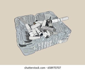 Ashtray and smoked cigarettes , sketch vector.