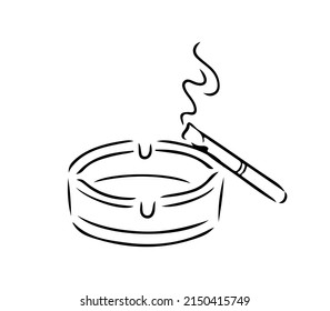 Ashtray with a smoking cigarette. Cigarette butt in ashtray icon isolated on white background. Vector illustration in a minimalistic sketch style. Smoking concept