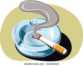 Ashtray with a smoldering cigarette.