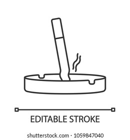 Ashtray with stubbed out cigarette linear icon. Thin line illustration. Stop smoking. Contour symbol. Vector isolated outline drawing. Editable stroke