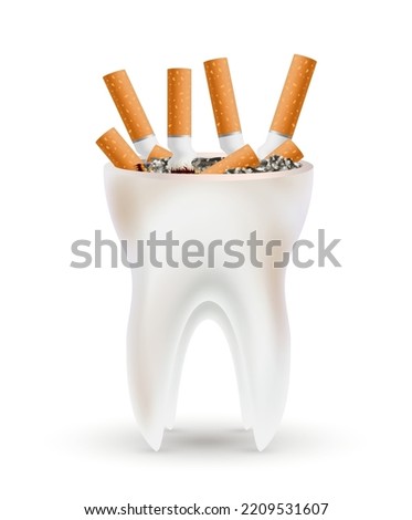 Ashtray teeth with cigarette. Dangers of smoking effect on human tooth. Dental care concept. Stop smoking, World No Tobacco Day. 3D Vector illustration on white background.